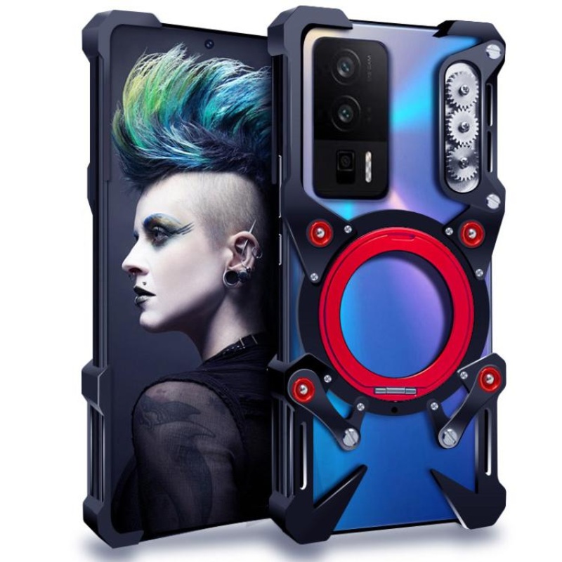 For Redmi K60 Pro Rotating Bracket Hollow Metal Phone Case with Lanyard(Black)
