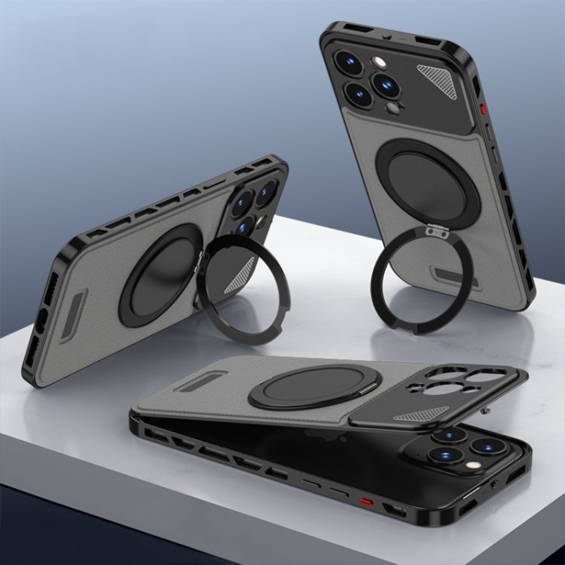 For iPhone 13 Pro Max Metal Snap Buckle 360 Degree Rotating MagSafe Magnetic Holder Phone Case(Dark Grey Black)