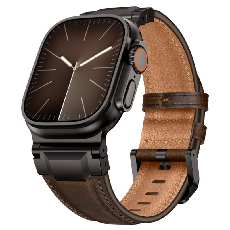 For Apple Watch 46mm / 49mm / 45mm / 44mm Armour-style Leather Watch Band(Black Brown Crazy Horse Leather Black Buckle)