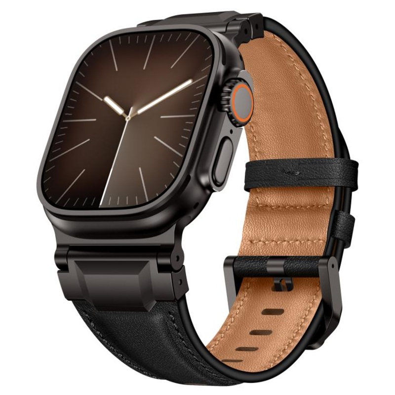 For Apple Watch 46mm / 49mm / 45mm / 44mm Armour-style Leather Watch Band(Black Nappa Leather Black Buckle)