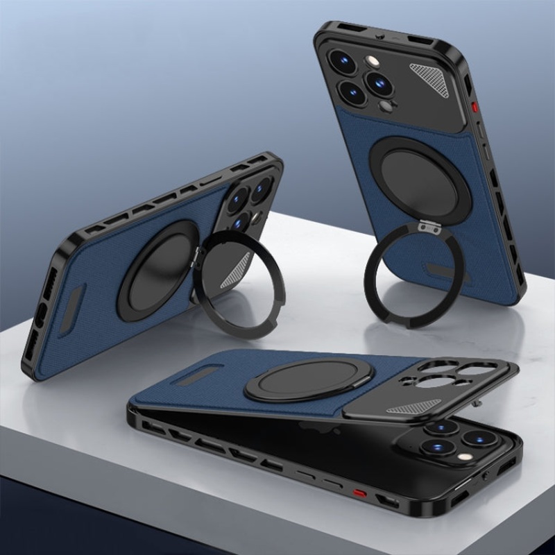 For iPhone 14 Pro Max Metal Snap Buckle 360 Degree Rotating MagSafe Magnetic Holder Phone Case(Dark Blue Black)