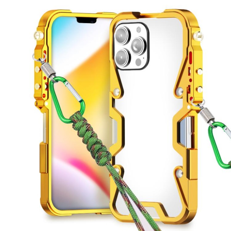 For iPhone 13 Pro Trigger Design Hollow Metal Frame Phone Case with Lanyard(Gold)