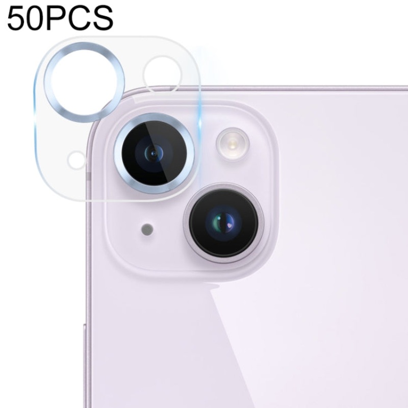 For iPhone 14 / 14 Plus 50pcs Tempered Glass CD Texture Back Camera Film(Blue)