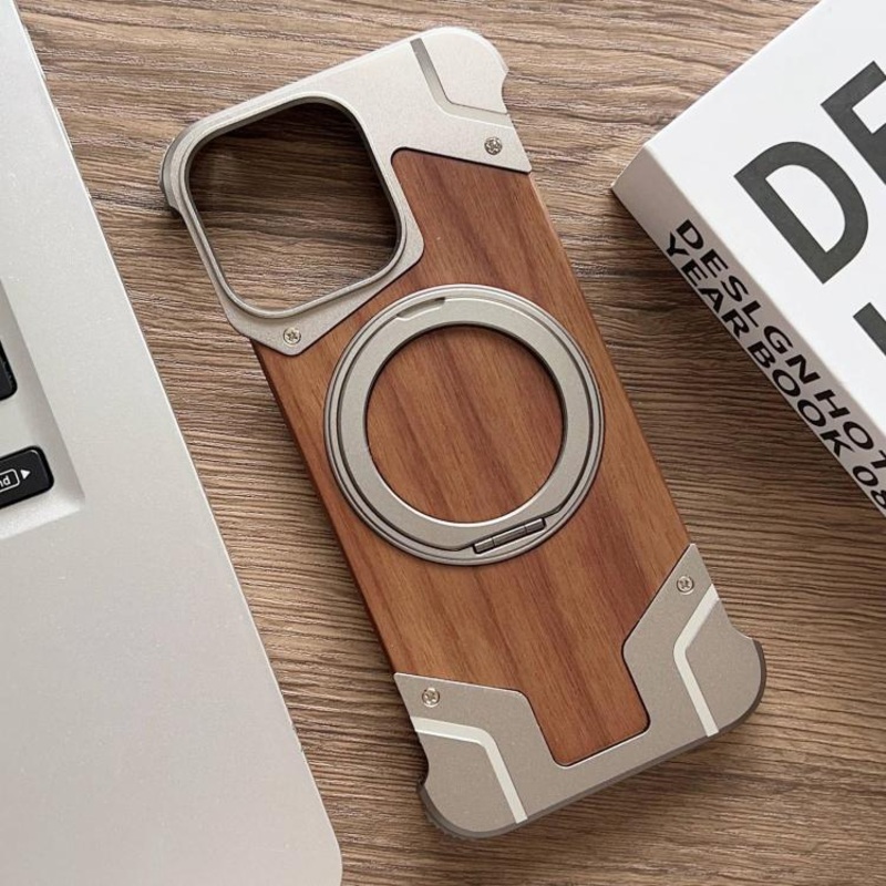 For iPhone 15 Pro Armor Walnut Wood Metal Frameless 360 Rotation Holder Magnetic Phone Case(Primary Color)