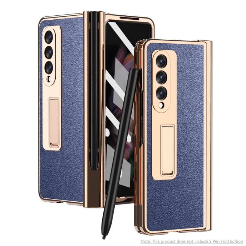 For Samsung Galaxy Z Fold3 Litchi Texture Integrated Electroplating Hinge Flip Phone Case with Pen Slot(Blue)