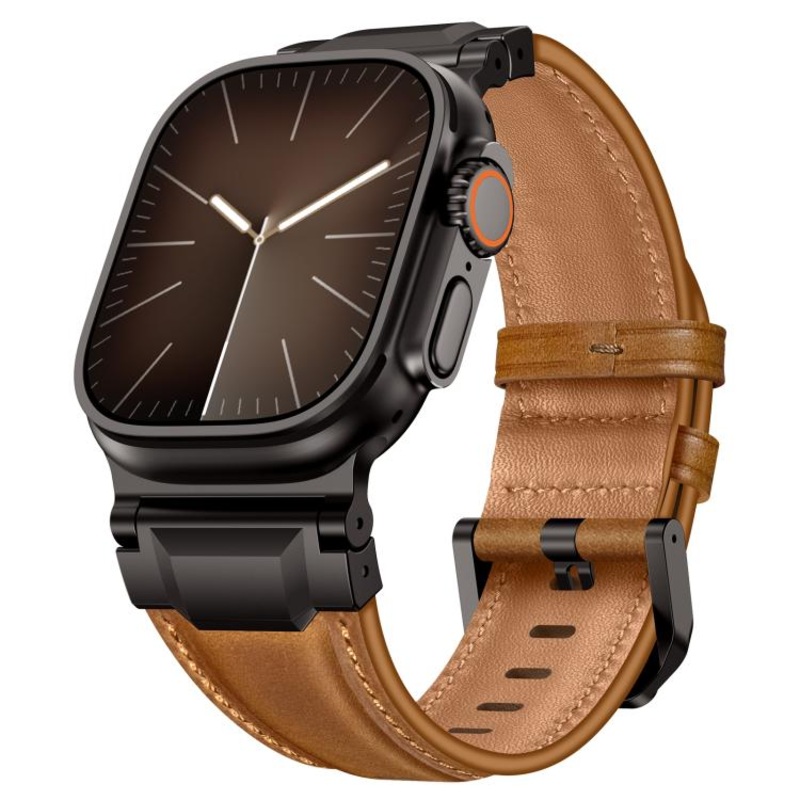 For Apple Watch 46mm / 49mm / 45mm / 44mm Armour-style Leather Watch Band(Dark Red Brown Crazy Horse Leather Black Buckle)