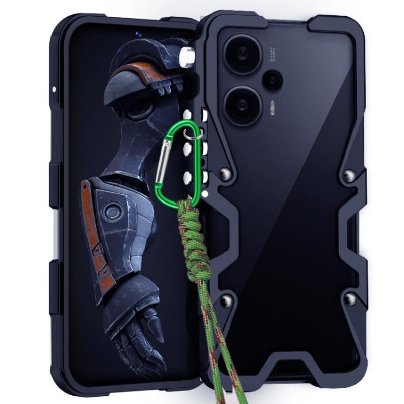 For Redmi Note 12 Turbo Trigger Design Hollow Metal Frame Phone Case with Lanyard(Black)