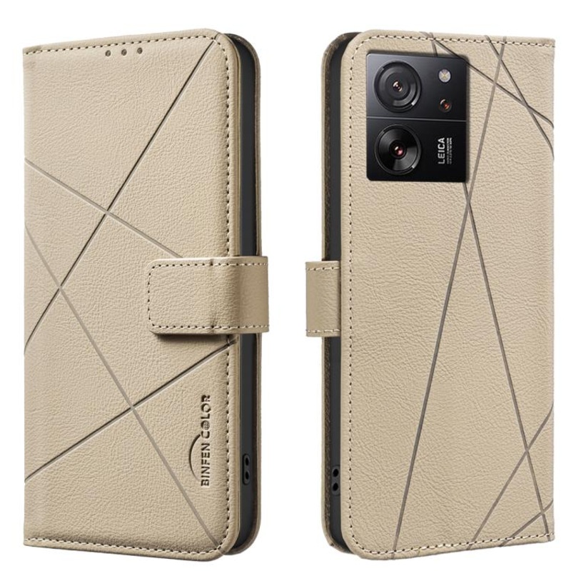 For Xiaomi 13T Geometric Pattern RFID Leather Phone Case(Beige)