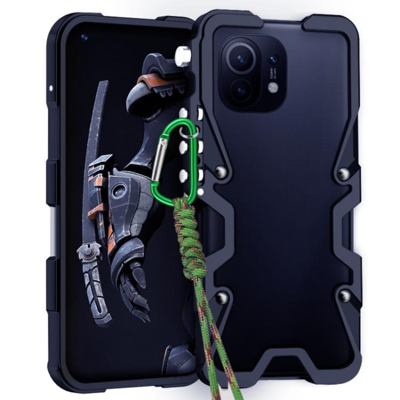 For Xiaomi Mi 11 Trigger Design Hollow Metal Frame Phone Case with Lanyard(Black)