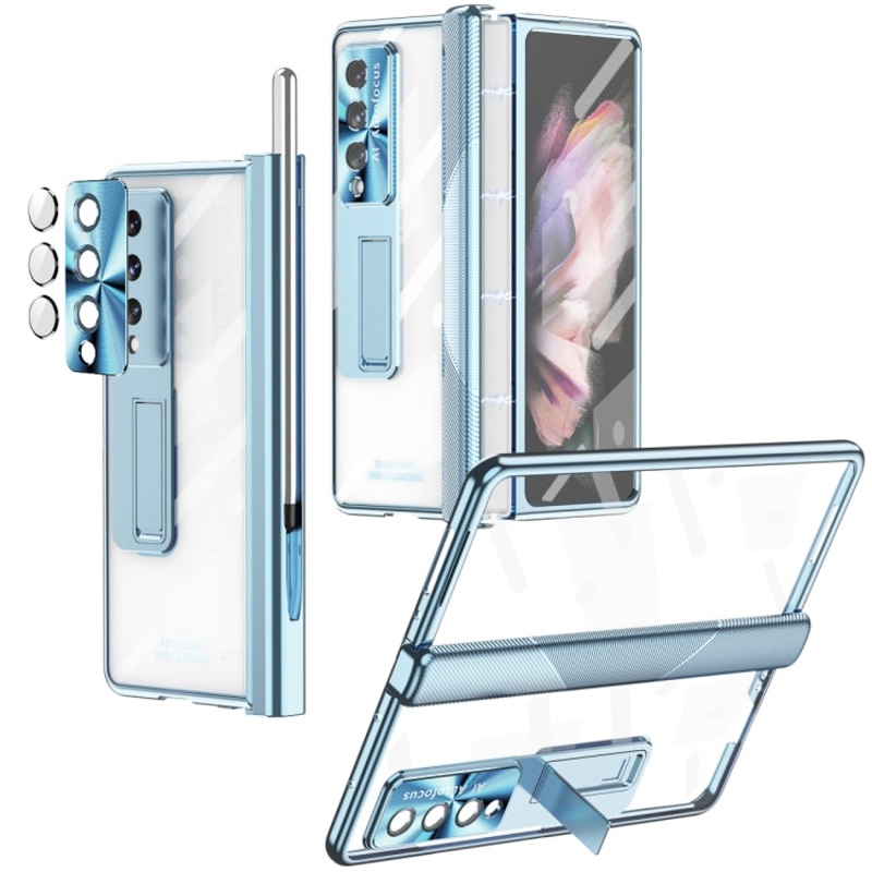 For Samsung Galaxy Z Fold4 5G Magnetic Hinges Plating Phone Case with Holder(Blue)
