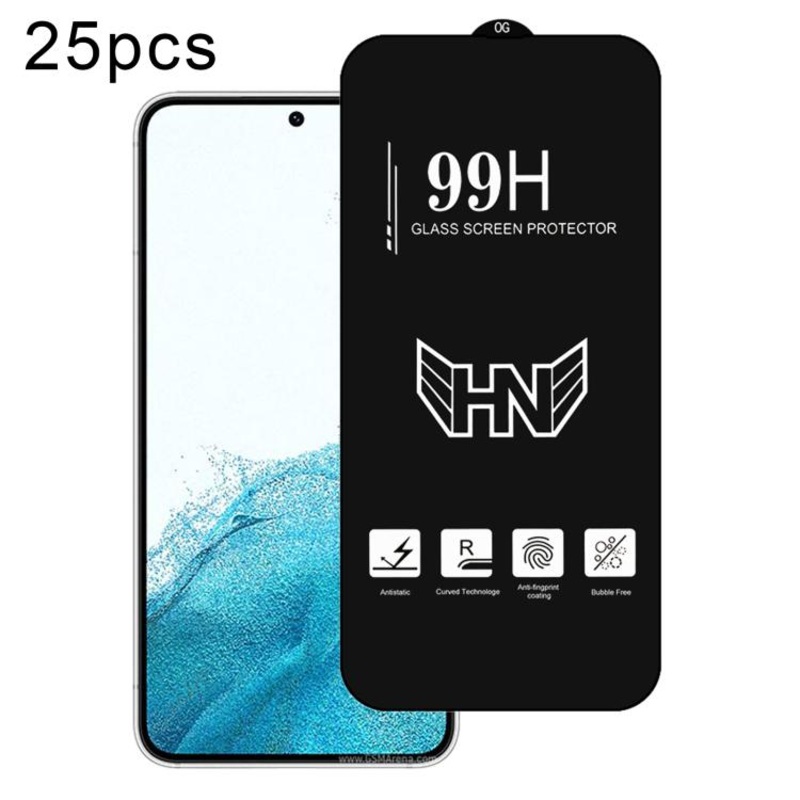 For Samsung Galaxy S22 5G 25pcs 0.18mm High Aluminum Large Arc Full Screen Tempered Glass Film, Support Fingerprint Unlocking