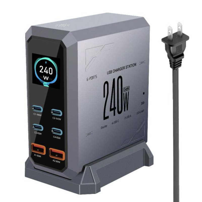 4 Type-C+2 USB Multi-Port 240W Dynamic Display Gallium Nitride Charger US Plug(Gray)