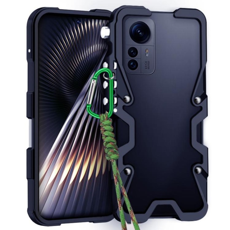 For Xiaomi 12 Pro Trigger Design Hollow Metal Frame Phone Case with Lanyard(Black)