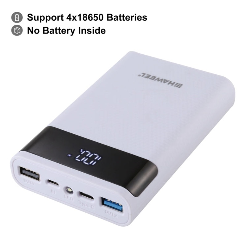 HAWEEL DIY 4x 18650 Battery (Not Included) 12000mAh Dual-way QC Charger Power Bank Shell Box with 2x USB Output & Display, Support QC 2.0 / QC 3.0 / FCP / SFCP / AFC / MTK / BC 1.2 / PD(White)