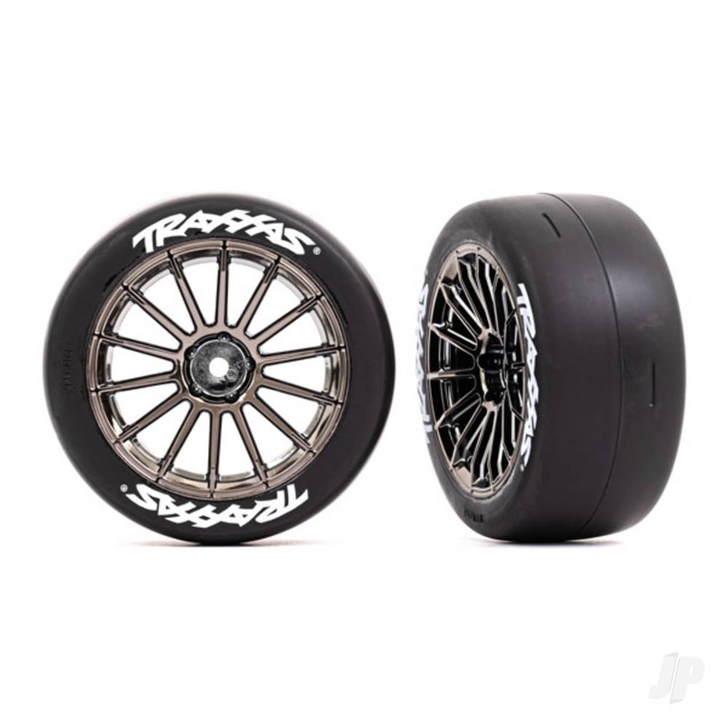 Tyres and wheels assembled glued (multi-spoke black chrome wheels 2.0in slick Tyres with Traxxas logo foam inserts) (front) (2) (VXL rated)