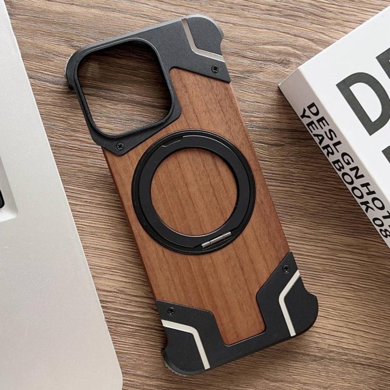 For iPhone 14 Pro Max Armor Walnut Wood Metal Frameless 360 Rotation Holder Magnetic Phone Case(Black)