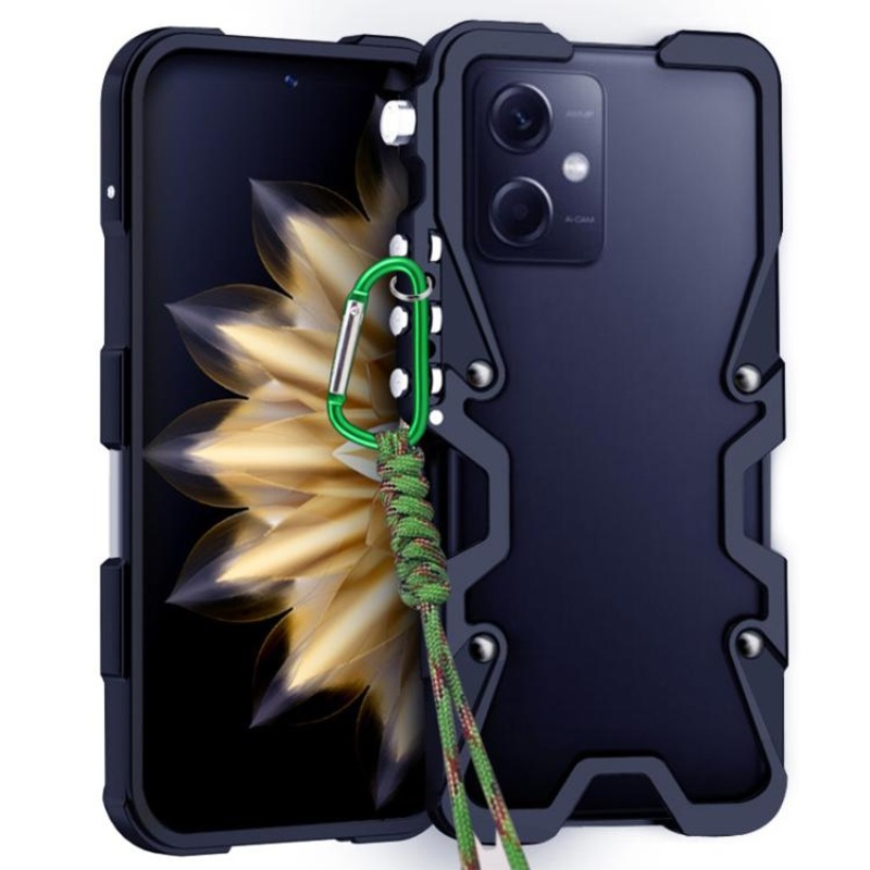 For Redmi Note 12 5G Global Trigger Design Hollow Metal Frame Phone Case with Lanyard(Black)