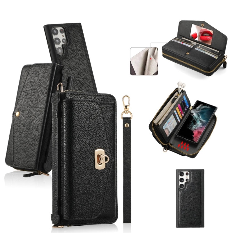 For Samsung Galaxy S22 Ultra 5G Crossbody Multi-functional Zipper Wallet Litchi Leather Phone Case(Black)