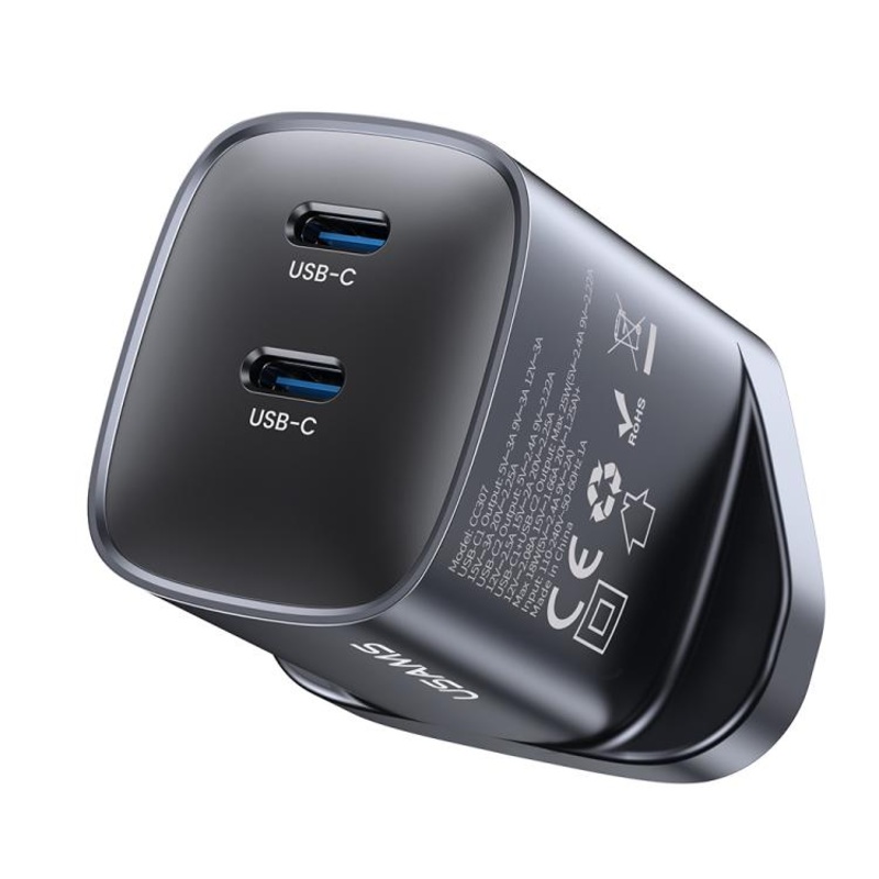 USAMS CC307 T66 45W Dual USB-C / Type-C GaN Fast Charger, UK Plug(Gunmetal)