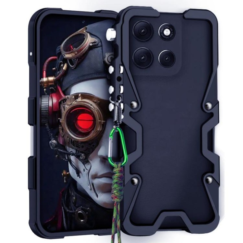 For Motorola Moto G86 Power Trigger Design Hollow Metal Frame Phone Case with Lanyard(Black)