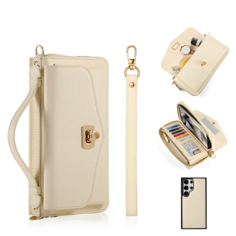 For Samsung Galaxy S24 Ultra 5G Crossbody Multi-functional Zipper Wallet Litchi Leather Phone Case(Beige)