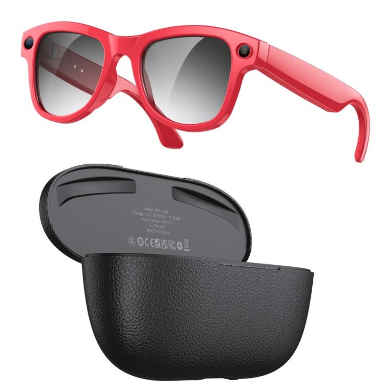 M02 Ultra 8MP Camera AI Smart Glasses Photochromic Lenses with Black Charging Case(Red)