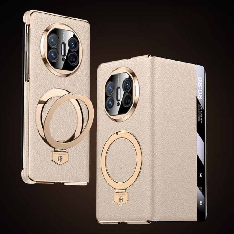 For Huawei Mate X3 Folding Genuine Leather Magnetic Holder Window Display Phone Case(Gold)
