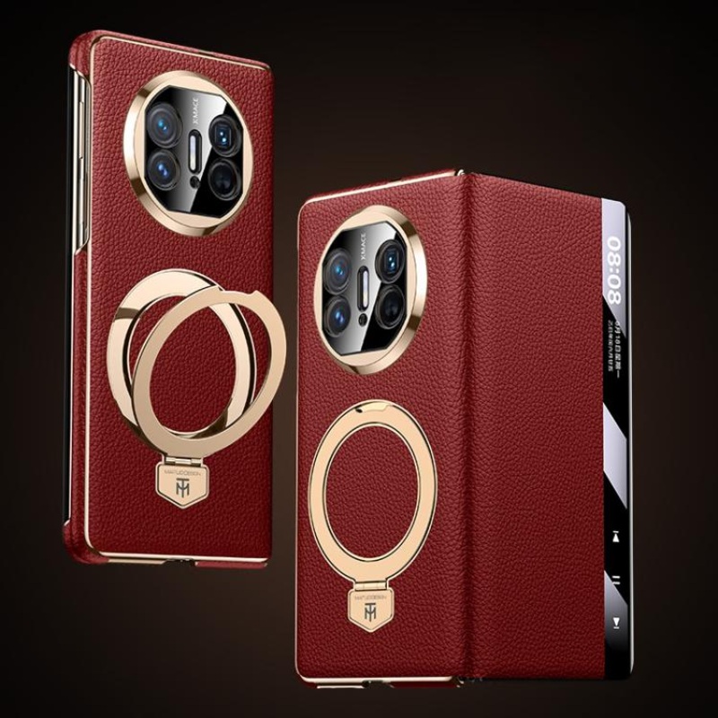 For Huawei Mate X5 Folding Genuine Leather Magnetic Holder Window Display Phone Case(Red)
