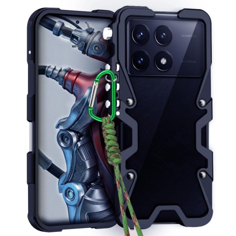 For Redmi K70 Trigger Design Hollow Metal Frame Phone Case with Lanyard(Black)