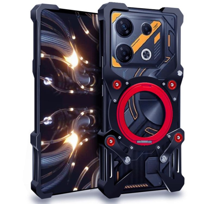 For Infinix GT 10 Pro Rotating Bracket Hollow Metal Phone Case with Lanyard(Black)