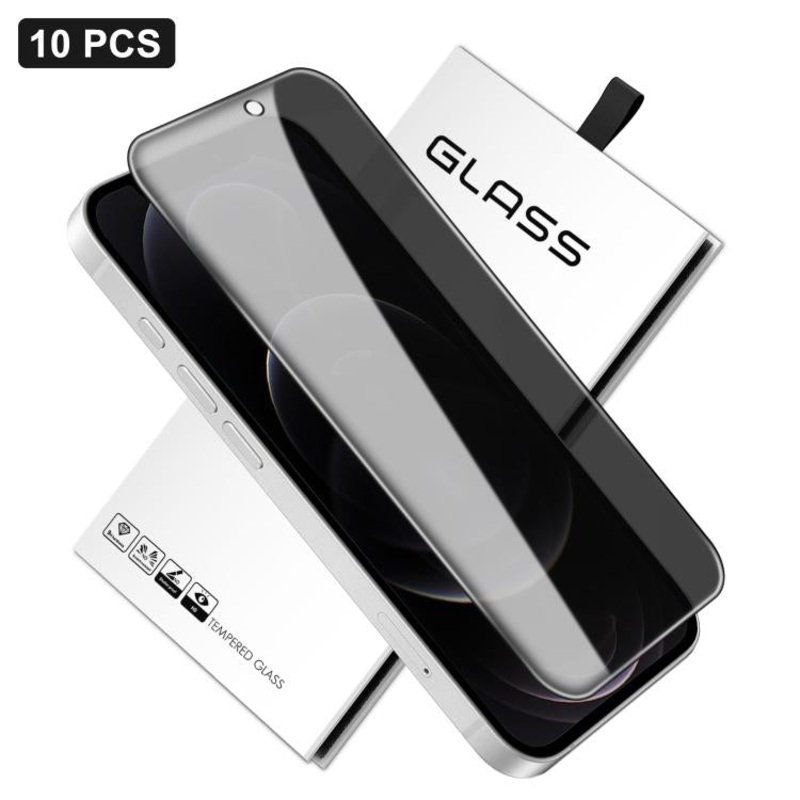 For iPhone 12 Pro 10pcs 360-Degree Privacy Silk-Screen Print Large Curved Edge High-Aluminium Tempered Glass Film