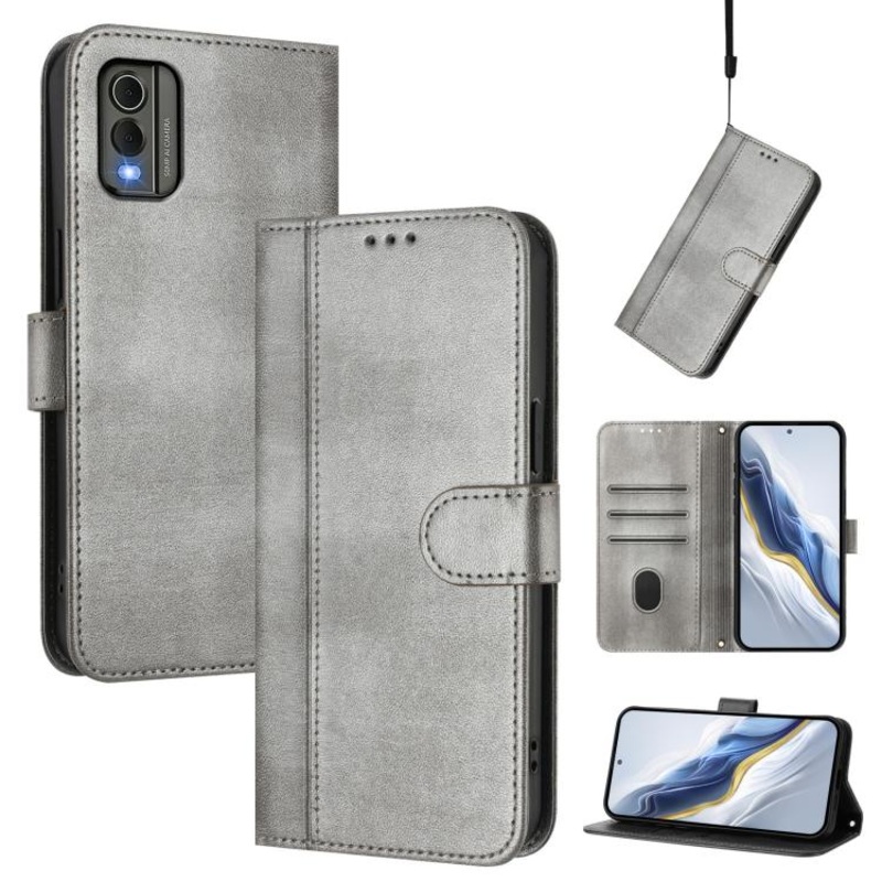 For Nokia C32 Line Splicing Buckle Retro Leather Phone Case(Grey)