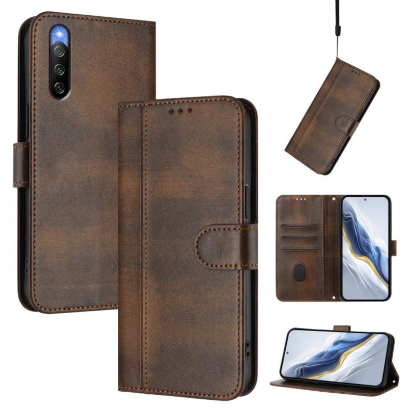 For Sony Xperia 10 IV 2023 Line Splicing Buckle Retro Leather Phone Case(Brown)