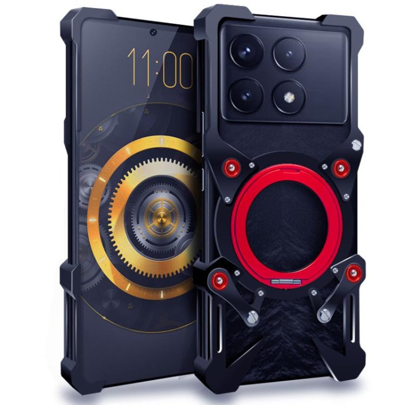 For Redmi K70 Ultra Rotating Bracket Hollow Metal Phone Case with Lanyard(Black)