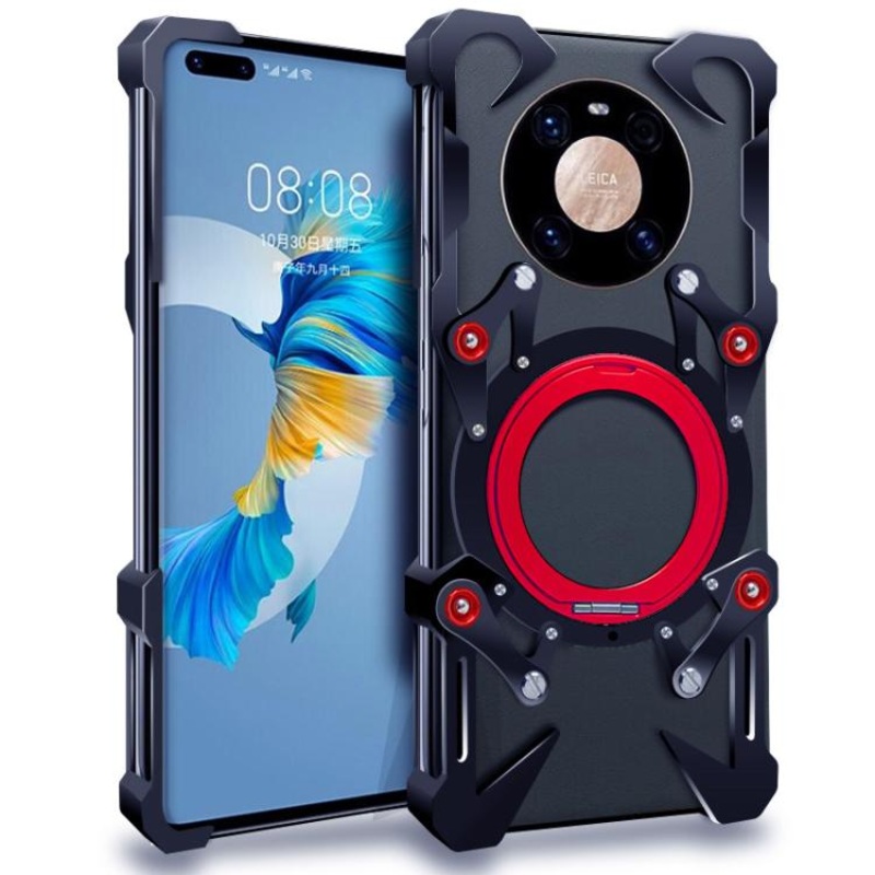 For Huawei Mate 40 Pro Rotating Bracket Hollow Metal Phone Case with Lanyard(Black)