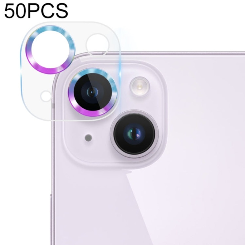 For iPhone 14 / 14 Plus 50pcs Tempered Glass CD Texture Back Camera Film(Colorful)