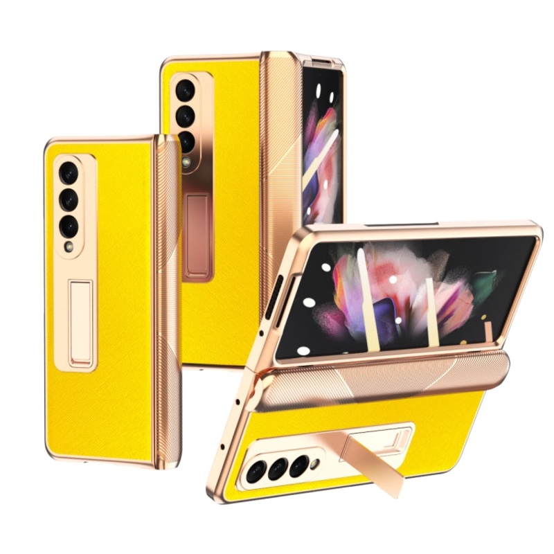 For Samsung Galaxy Z Fold3 5G Electroplated Armor Cross Texture Phone Case(Yellow)