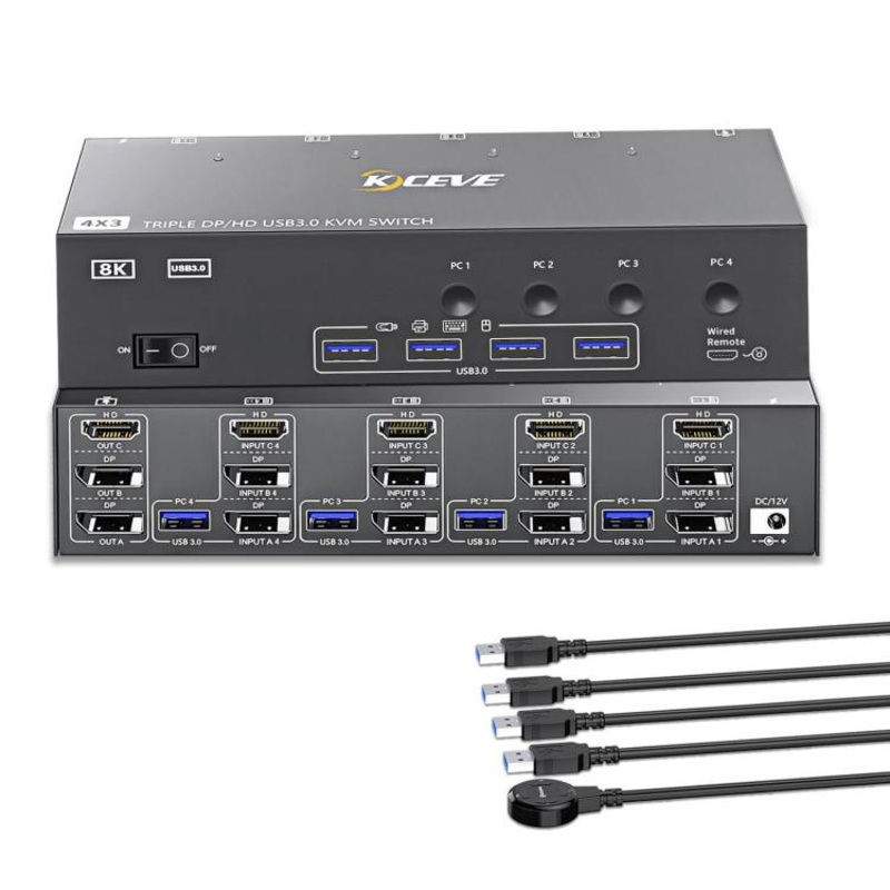 KCEVE KC-KVM403DH 4 IN 1 OUT DP/HD USB 3.0 4K 144Hz KVM Switch, Plug Type:EU Plug