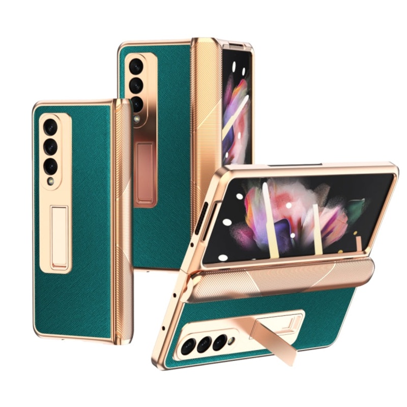 For Samsung Galaxy Z Fold3 5G Electroplated Armor Cross Texture Phone Case(Cyan)