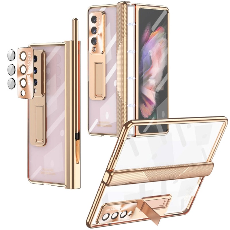 For Samsung Galaxy Z Fold3 5G Magnetic Hinges Plating Phone Case with Holder(Champagne Gold)