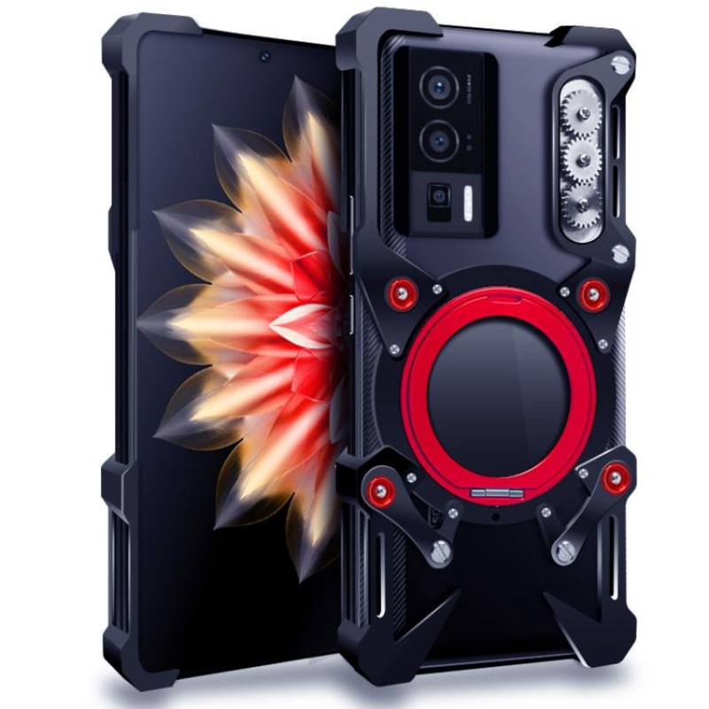 For Xiaomi Poco F5 Pro Rotating Bracket Hollow Metal Phone Case with Lanyard(Black)