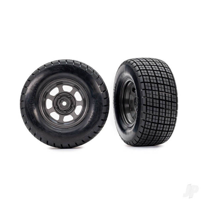 Tyres & wheels assembled glued (dirt oval graphite gray wheels Hoosier tyres foam inserts) (2) (4WD front/rear 2WD rear only)