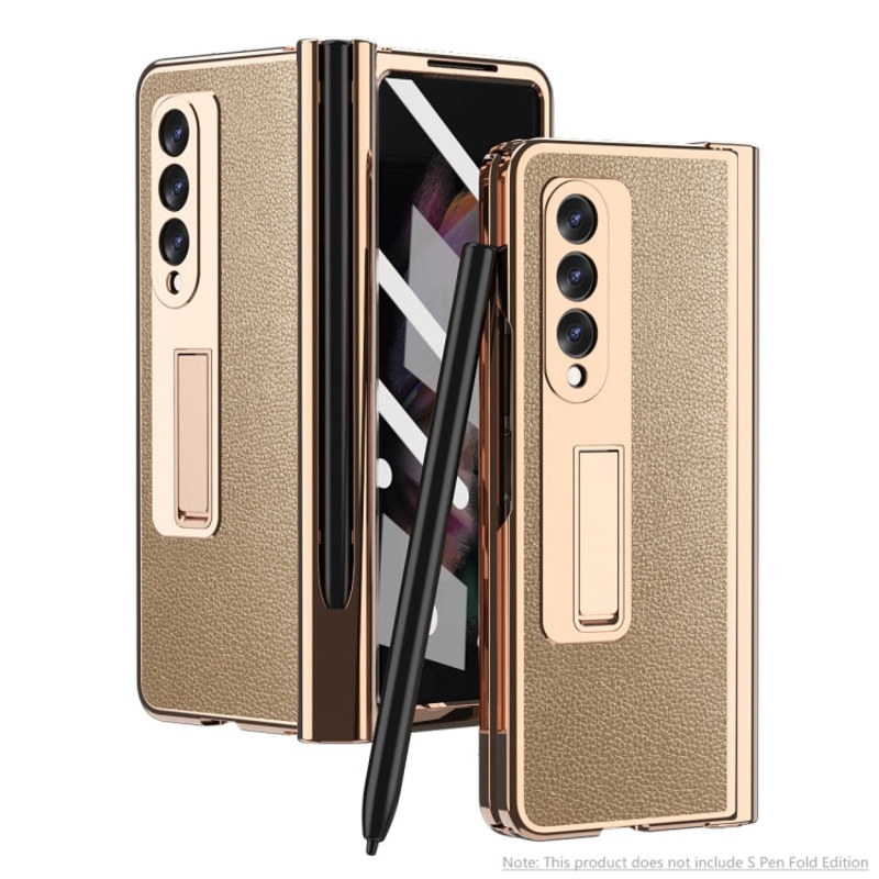For Samsung Galaxy Z Fold3 5G Electroplated Hinge Pen Slot Lychee Phone Case(Gold)