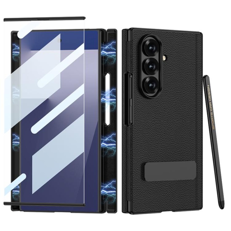 For Samsung Galaxy Z TriFold GKK Magnetic Folding Leather One-Line Rotating Holder Phone Case with Magnetic Stylus(Black)