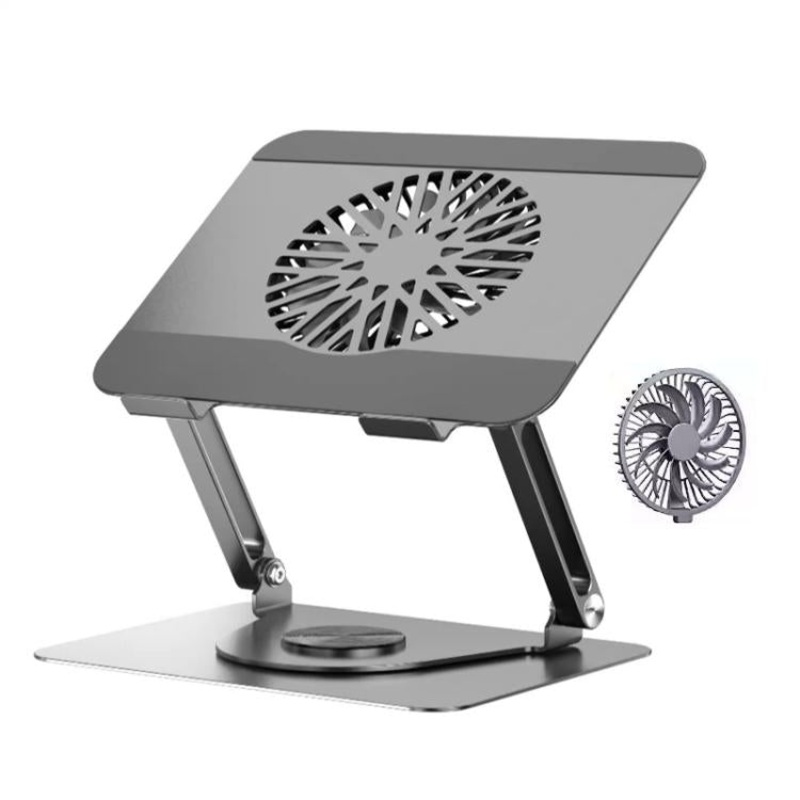 360 Rotating Laptop Stand Foldable Metal Desk Holder For 17.3 Inch Laptops Tablets With Magnetic Cooling Fan Gray