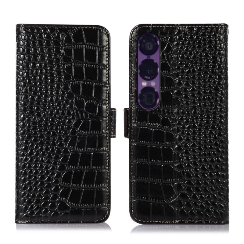 For Sony Xperia 1 VII Crocodile Top Layer Cowhide Leather Phone Case(Black)