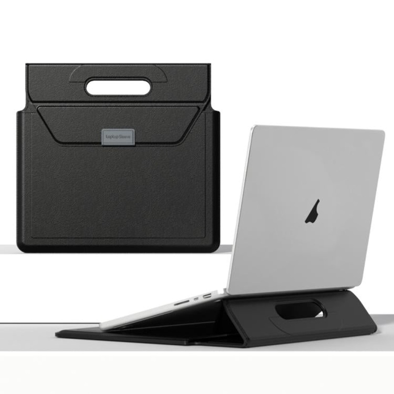For 15 / 16.1 inch Handle Portable Laptop Briefcase PU Leather Laptop Sleeve with Foldable Stand(Black)
