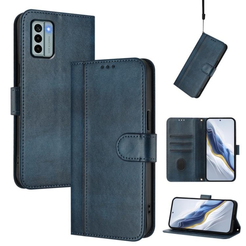 For Nokia G22 Line Splicing Buckle Retro Leather Phone Case(Dark Blue)