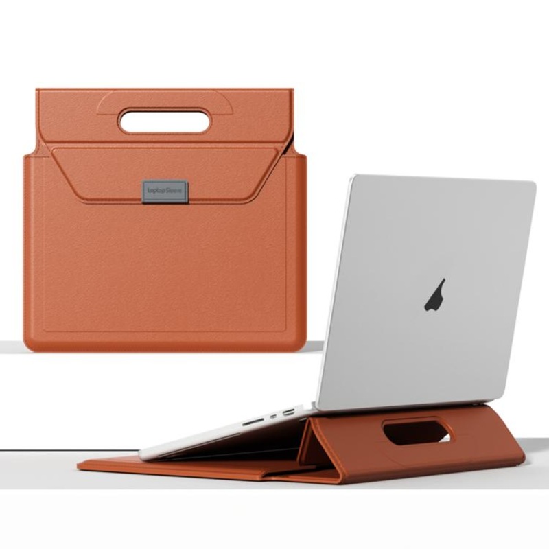 For 15 / 16.1 inch Handle Portable Laptop Briefcase PU Leather Laptop Sleeve with Foldable Stand(Brown)