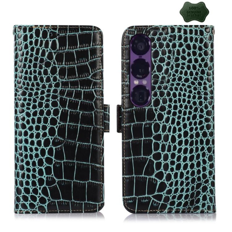 For Sony Xperia 1 VII Crocodile Top Layer Cowhide Leather Phone Case(Green)